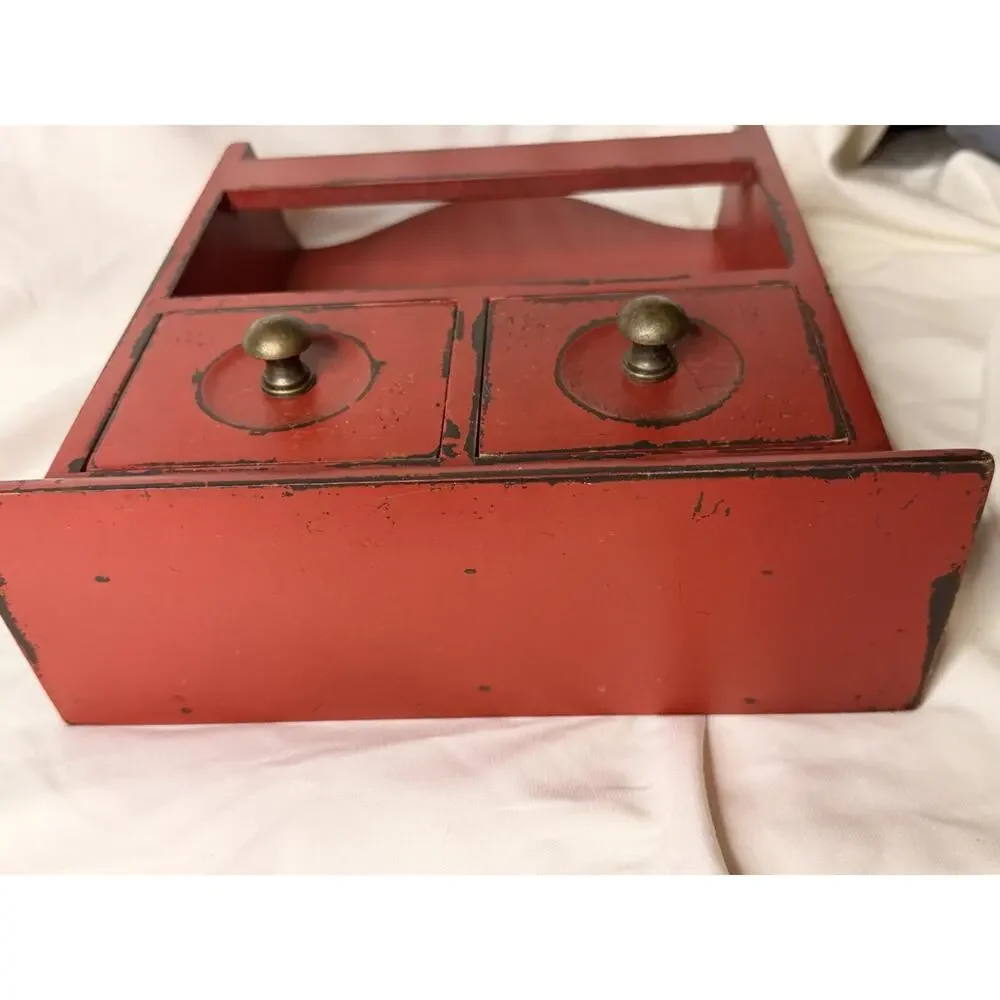 Vintage Red Wall Hanging Wooden Double Drawer Mini Cabinet Shelf Farmhouse Decor